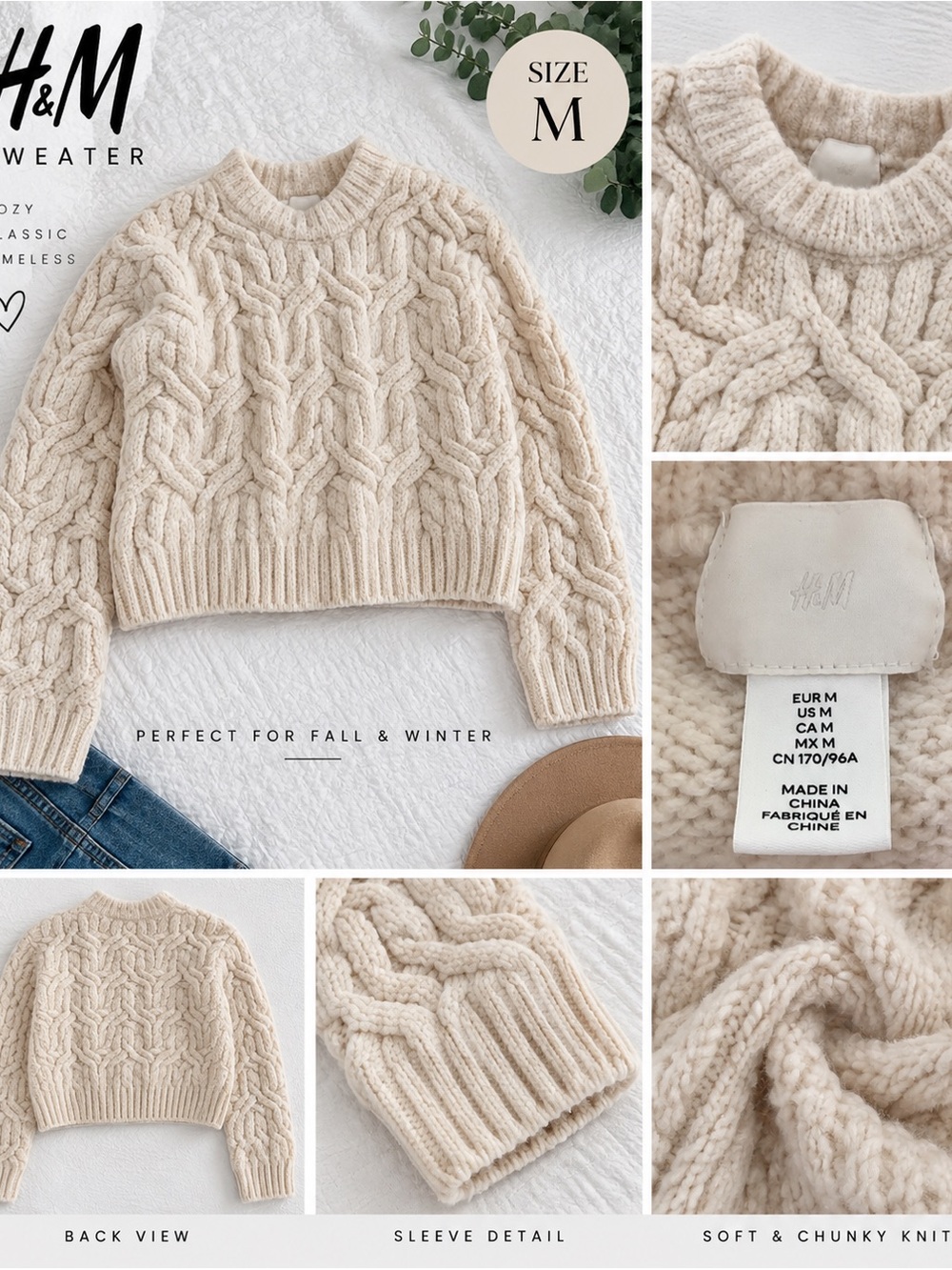 H&M Cream Cable-Knit Cropped Crewneck Sweater